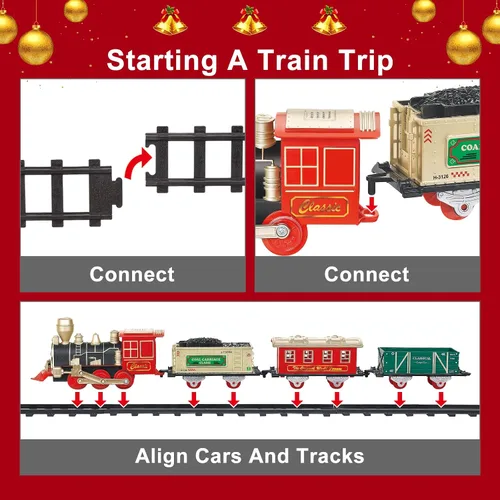 Vista 5 de Juego de tren eléctrico clásico para niños de 3 a 8 años con luces y sonidos, tren de juguete a pilas con locomotora, autos y pistas, ferrocarril