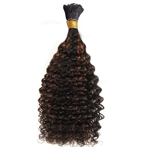 Vista 3 de Cabello humano rizado con reflejos marrones a granel para trenzar microtrenzas, cabello humano a granel, húmedo y ondulado, sin trama, cabello
