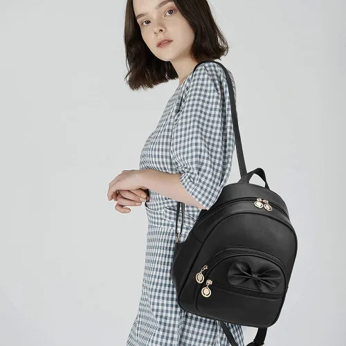 Vista 3 de Linda mini mochila de cuero a la moda para niñas y mujeres, Rosa-grande, M, Mochilas Daypack