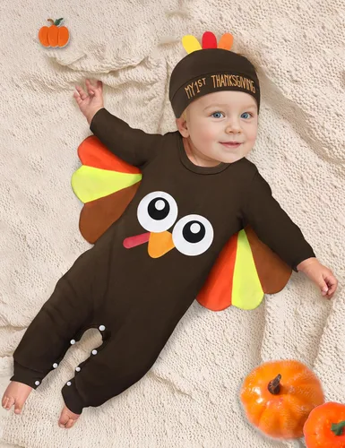 Vista 2 de NAPU My First Thanksgiving Baby Boy Outfit Cute Turkey Romper Long Sleeve One Piece Jumpsuit Hat 2Pc Baby Thanksgiving Outfit Mi primer día