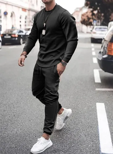 Vista 3 de JMIERR Conjunto de 2 piezas para hombre, sudadera de algodón de color liso, sudadera y pantalones deportivos