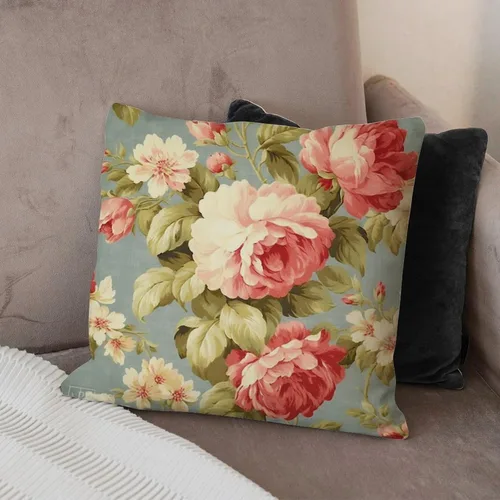 Vista 4 de Funda de almohada romántica de color aguamarina con rosas de col rosa, fundas de almohada florales de rosa francesa, funda de almohada