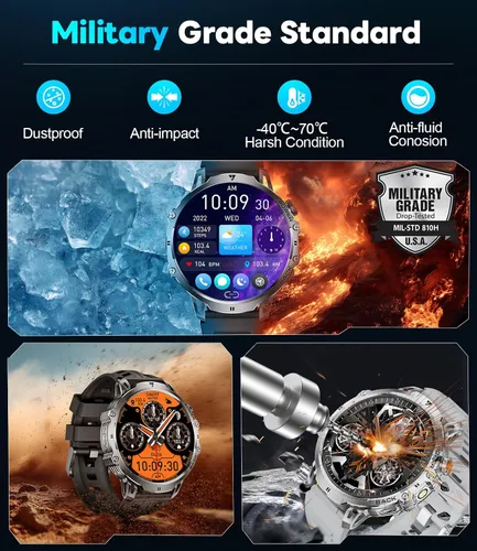 Vista 5 de Reloj inteligente militar para hombre, pantalla grande HD de 1.85 pulgadas, llamada Bluetooth, 1000 mAh, linterna, monitor de sueño de frecuencia