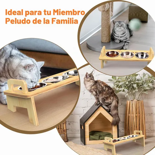 Vista 7 de Tazón Elevado de Comida para Gatos, 3 Cuencos Elevados de Acero Inoxidable para Gatos con Soporte, Cuenco Inclinado 15° para Perros Pequeños