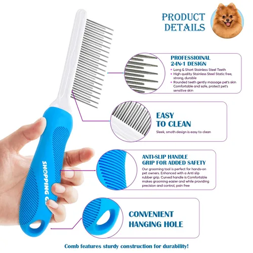 Vista 2 de Peine desenredante de aseo para mascotas para perros y gatos con dientes metálicos largos y cortos de acero inoxidable para eliminar enredos