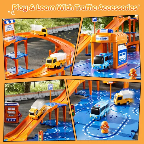 Vista 4 de Puzzle Racer - Juego de pistas de autos para niños, pistas de carreras de 4 niveles para niños de 3 a 5 años con 3 autos, piezas de tráfico