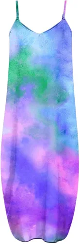 Vista 4 de Hot6sl Vestido largo para mujer, vestido de talla grande para mujer, vestidos de verano 2023, bolsillos, casual, sin mangas, vestido de espagueti
