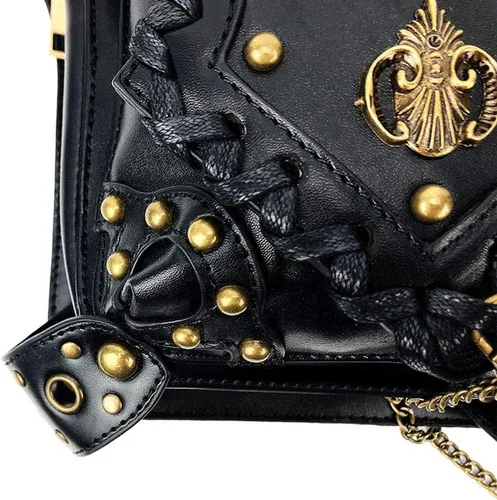 Vista 7 de Riñonera gótica de cuero steampunk con cadena bolsa cruzada para el hombro bolsa de cadera Negro