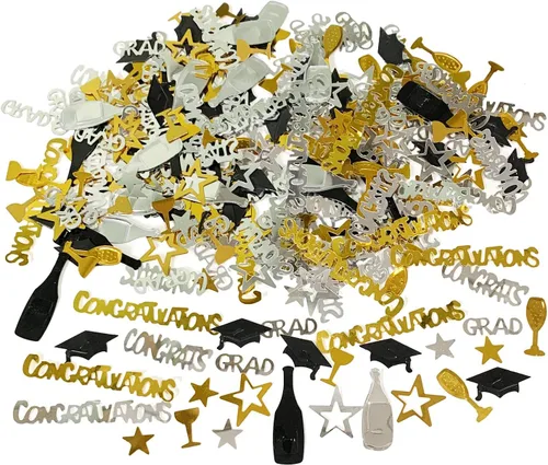 Vista 4 de ZERODECO Decoraciones para graduación, cartel en negro y dorado, pompones de papel espirales colgantes, confeti de papel, guirnaldas y globos