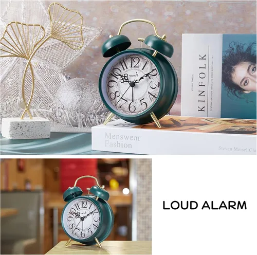 Vista 3 de FLOITTUY Alarma ruidosa para personas que duermen profundamente, 4 pulgadas, retro y a la moda, reloj despertador con campana doble con luz de fondo