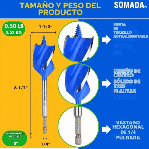 Vista 4 de SOMADA Broca de taladro de 1-1/2 "x 6-1/2" para madera, vástago hexagonal de barrena para barco