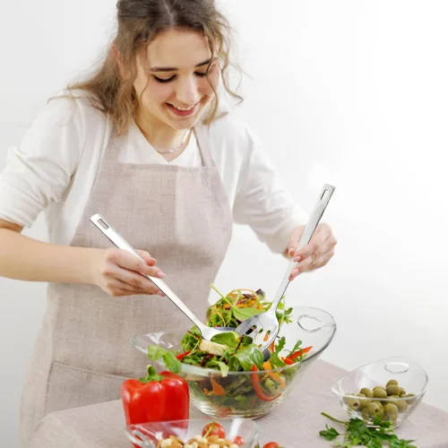 Vista 5 de Kyraton Juego de cucharas de cocina de acero inoxidable, cuchara sólida, cuchara ranurada, mango resistente al calor, apto para lavavajillas, fácil