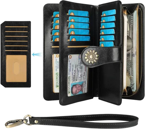 Vista 2 de Lavemi Carteras de cuero genuino de gran capacidad con bloqueo RFID para mujer, tarjetero con correa para la muñeca