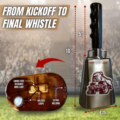 Vista 2 de Cencerro cromado de Mississippi State de 10.0 in con logotipo de bulldog intimidante impreso