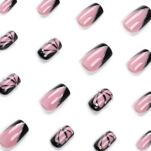 Vista 2 de RikView Uñas francesas con punta francesa, uñas cuadradas a presión con diseño de mariposa, acabado brillante, 24
