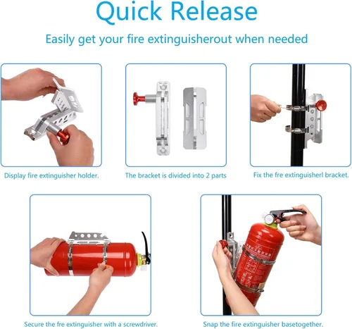 Vista 7 de Soporte universal para extintor de incendios, barra de liberación rápida, color negro Leopauto Fire Extinguisher Bracket Holder with 8 Clamps