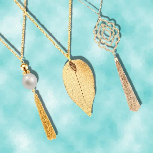 Vista 3 de Juego de 3 collares largos con colgante para mujer, diseño de nudo, disco, círculo, borla