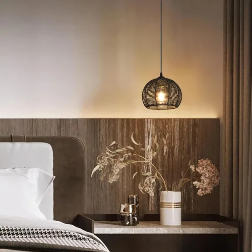 Vista 8 de Ayshwill Dec Lámpara de araña negra tejida estilo boho de ratán y mimbre con cúpula, lámpara colgante para comedor, dormitorio, isla de cocina 8.7
