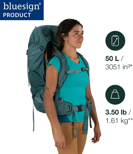 Vista 2 de Osprey Renn 50L - Mochila de senderismo para mujer, Azul Cascada/Naranja Melón