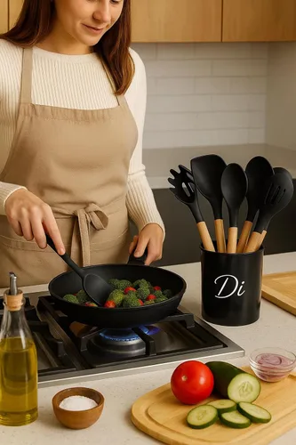 Vista 4 de Juego de utensilios de cocina premium - 12 piezas - Herramientas de cocina de silicona y madera