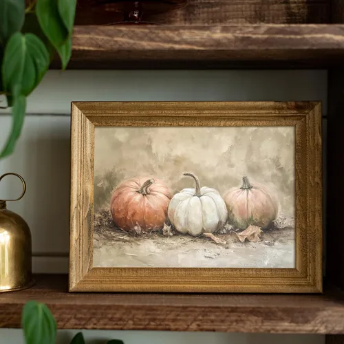 Vista 2 de uniro Arte de Pared de Pintura Rústica de Calabaza de Otoño, Pintura de Naturaleza Muerta de Calabaza, Arte Rústico de Otoño, Impresión de Pared