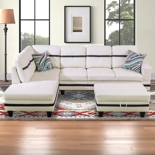 Vista 10 de Sofá modular para sala de estar, sofá seccional de cuero marrón en forma de L con diván y otomano de almacenamiento para sala de estar, B- marrón