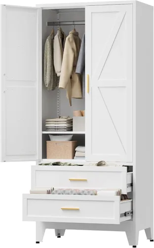 Vista 11 de LCAOPC Armario de metal de 71 pulgadas de alto con cajón y barra para colgar, armario de 2 puertas con estante para dormitorio, oficina, lavandería