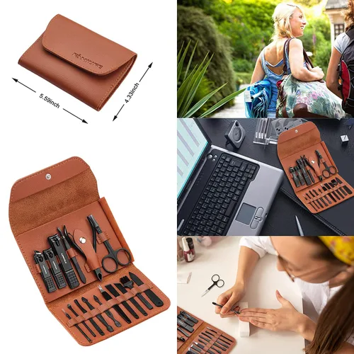 Vista 8 de FAMILIFE Juego de manicura, kit de uñas 11 en 1, kit de pedicura de acero inoxidable para hombre, kit de manicura de cuero y regalos para hombres
