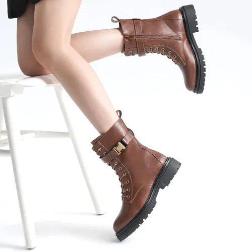 Vista 2 de CentroPoint Botas de combate con cordones para mujer, tacón bajo, media pantorrilla, botas militares, punta redonda, cremallera lateral, hebilla al