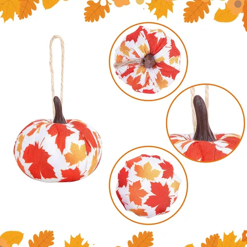 Vista 3 de Wehhbtye 12 adornos colgantes de calabaza de Acción de Gracias, hoja de arce envuelta en tela de calabaza, bola de calabaza de búfalo naranja