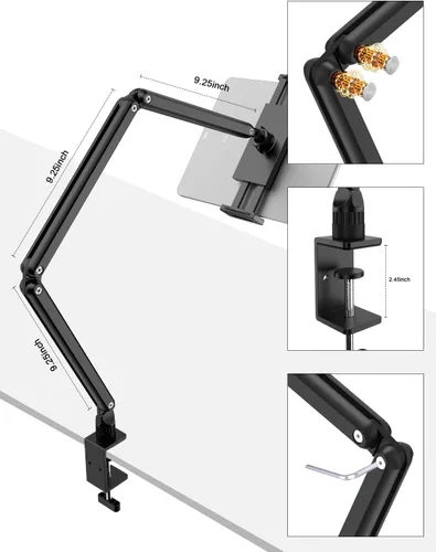 Vista 3 de Yumecamp - Soporte para tablet de triple brazo, soporte de aluminio resistente para iPad con abrazadera de escritorio, soporte giratorio de 360°