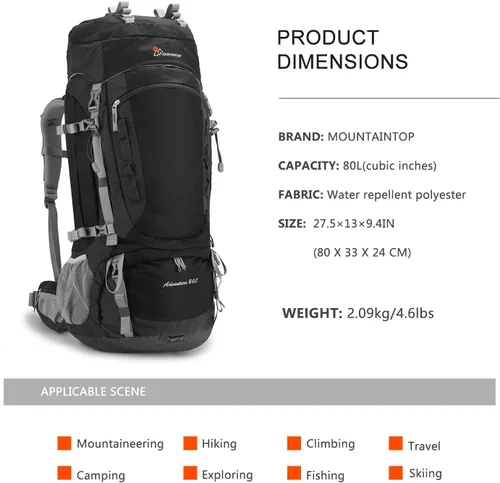 Vista 2 de MOUNTAINTOP Mochila de marco interno 80L, paquete de mochila de gran Negro-80L