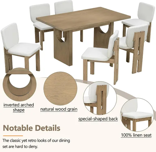Vista 4 de Merax Juego de mesa de comedor de madera para 6, mesa rectangular/sillas tapizadas/diseño geométrico retro, ideal para comedor y cocina, natural