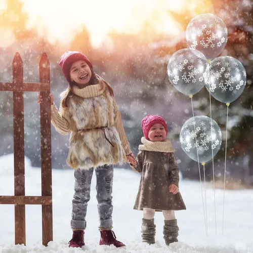 Vista 5 de Skylety 40 globos transparentes de copo de nieve a granel, globos de látex transparentes de copo de nieve para Año Nuevo, fiestas de cumpleaños