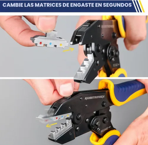 Vista 3 de haisstronica Kit de herramienta de crimpado de 6 en 1 y pelacables, crimpadora de alambre de carraca con 6 piezas de matrices intercambiables