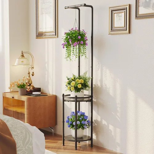 Vista 5 de Homsorout Soporte para plantas para interiores y exteriores, soporte de metal resistente de 2 niveles para plantas colgantes de hierro que ahorra