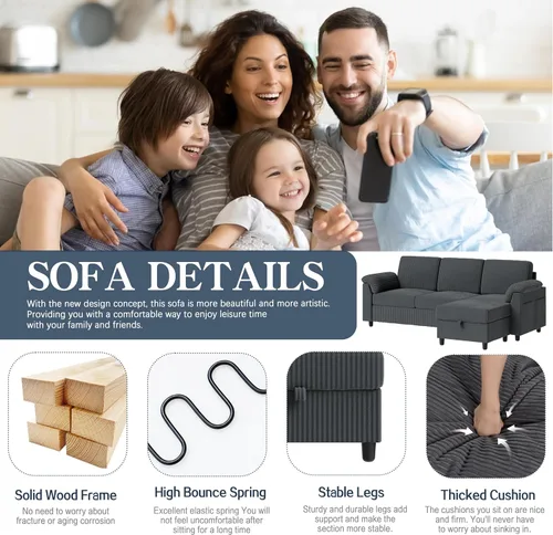 Vista 7 de Sofás seccionales para sala de estar, sofá en forma de L con bolsillo lateral de almacenamiento, cómodos sofás de 3 asientos para apartamento, gris
