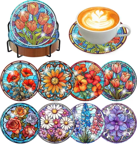 Vista 20 de Meothan Juego de 8 posavasos de arte de diamante para adultos con soporte, almohadillas de corcho, posavasos de arte de puntos de diamante de vidrio