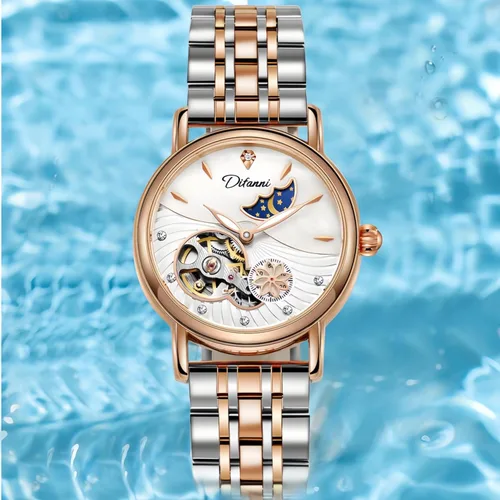 Vista 5 de CARLIEN Relojes mecánicos automáticos de acero inoxidable para mujer, correa de cuero, esfera de esqueleto de perla, impermeable, reloj de pulsera
