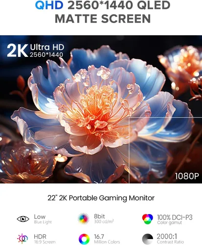 Vista 4 de UPERFECT Monitor portátil con pantalla táctil 2K QLED, monitor de juegos de 22" con VESA y soporte ajustable de 180°, 2560×1440 QHD FreeSync HDR