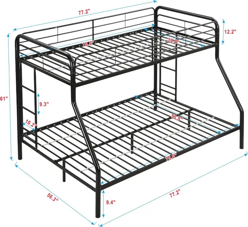 Vista 3 de Litera individual sobre matrimonial, litera de metal con escaleras, protector de seguridad, sin ruido para dormitorio pequeño, color negro