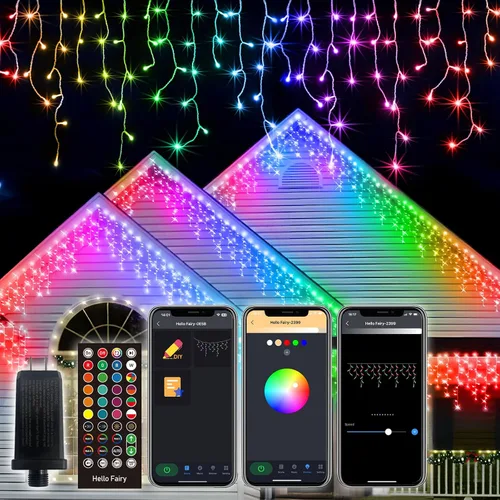 Vista 9 de Luces de carámbanos inteligentes de 16 pies con copo de nieve para exteriores, control de aplicación, cambio de color DIY, 16 gotas, 208 LED, luces