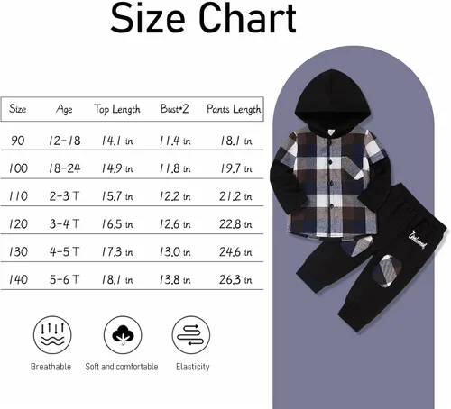 Vista 6 de Fuermos Traje de niño pequeño, sudadera con capucha a cuadros, pantalones, ropa de otoño para niño