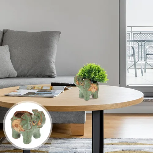 Vista 4 de Veemoon Maceta pequeña de cerámica con elefante, bonitas macetas de animales suculentas, soporte para plantas de aire, recipiente de cactus verde