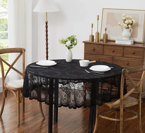 Vista 2 de Warm Home Designs Mantel redondo de 36 pulgadas con diseño de rosa inglesa para mesa auxiliar. LTC negro 36 pulgadas