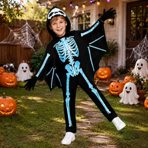 Vista 6 de Weixinbuy Disfraz de esqueleto de Halloween para niños que brillan en la Negro #1