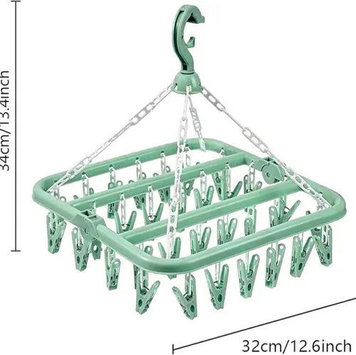 Vista 2 de Percha para secar ropa con 32 pinzas y percha plegable para colgar (Verde Claro)