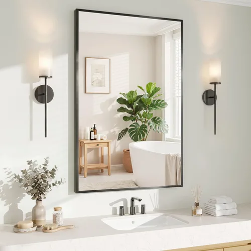 Vista 25 de Koonmi Espejo de pared rectangular negro, espejo de baño de 20 x 30 pulgadas, espejo de tocador con marco de aluminio para entrada, sala de estar