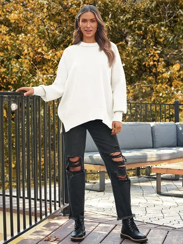 Vista 6 de Lillusory - Suéter extragrande con mangas de murciélago y cuello redondo para mujer, prenda moderna de otoño de tejido de punto sin botones