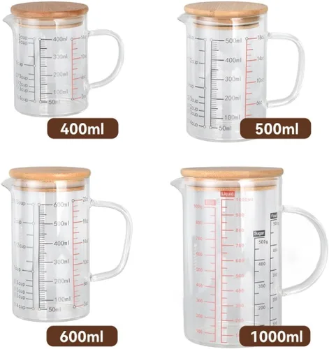 Vista 7 de Taza medidora de vidrio transparente, taza medidora de vidrio con tapa Taza medidora con escalas de medición y boquilla para cocina o restaurante